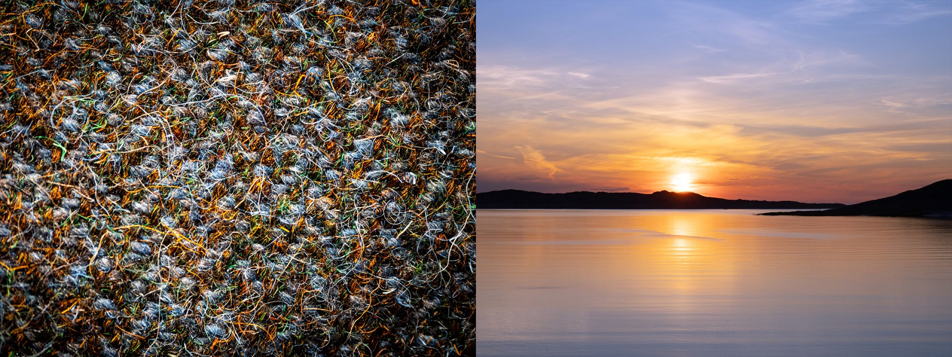 Harris Tweed hills and sunset loch